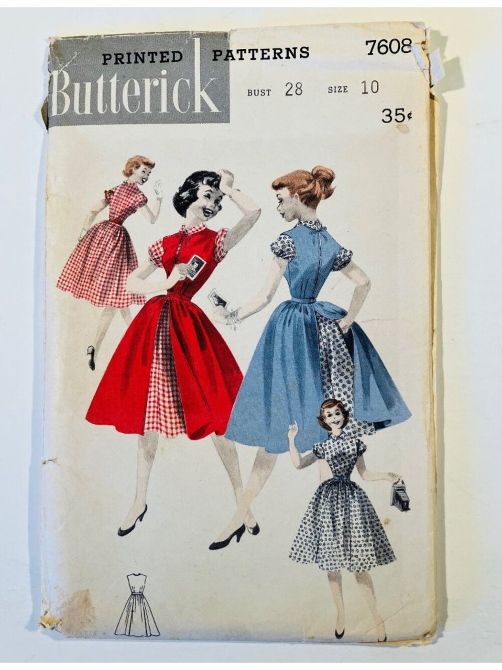 50s Butterick 7608 Teen B28 Dress & Turnabout Redingote Overdress Pattern CC